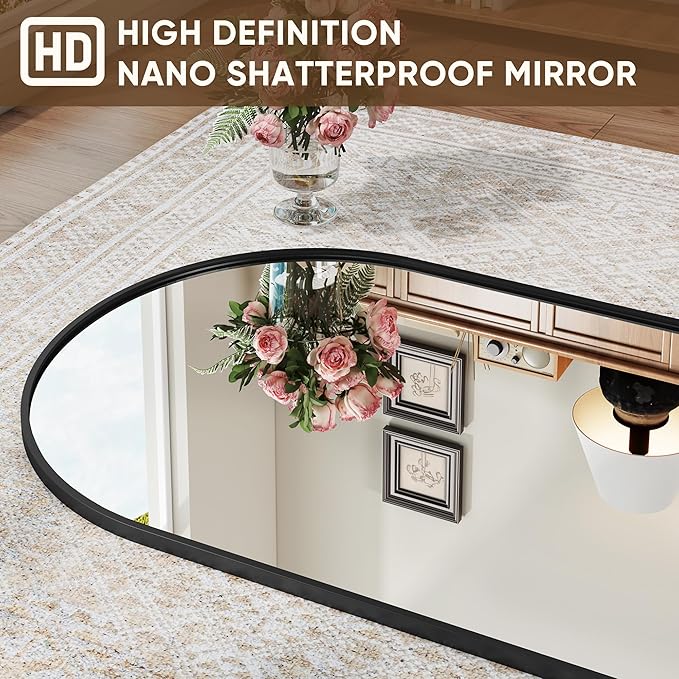 Antok Full Length Mirror, 90"x46" Floor Mirror with Stand, Hanging Mounted Mirrors for Bedroom, Living Room, Cloakroom, Dining Room, Black, Arched