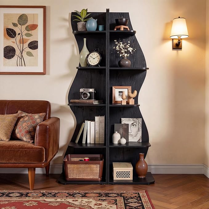VECELO Wavy Corner Shelf, Decorative 6-Tier Corner Display Bookshelf, Tall Storage Organizer for Small Spaces, Living Room or Bedroom, Black