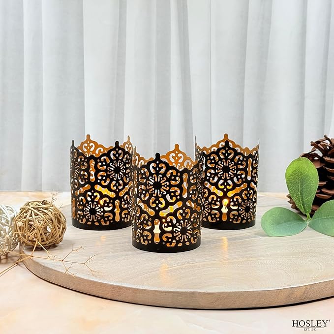 Hosley Set of 3 Black Metal Candle Holders 4 Inch High - Lattice Cut Lanterns for Table Centerpiece, Wedding, Home Decor, Indoor Outdoor