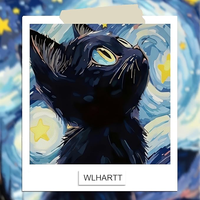 Framed Black Cat Wall Art, Van Gogh Starry Night Canvas Wall Decor, Cute Cat Animal Poster Print Picture, Impressionist Artwork Oil Painting for Bedroom Living Room Nursery 12x16 Inch
