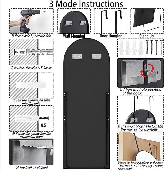 SCWF-GZ 57x20 Door Hanging Full Length Mirror, Floor (Height 5.7ft just Body in1.3ft) or Wall Mounted Metal Frame Arch Dressing Mirrors for Bedroom Bathroom Living Room 57 20 inch Black