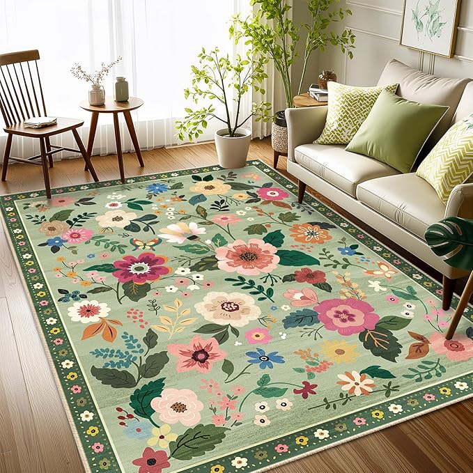 RELEANY Floral Nursery 4x6 Area Rugs Washable Print Boho Cute Carpet Non Slip Flower Low Pile for Living Room Kids Girls Playroom Bedroom Kitchen Office Farmhouse-Light Green
