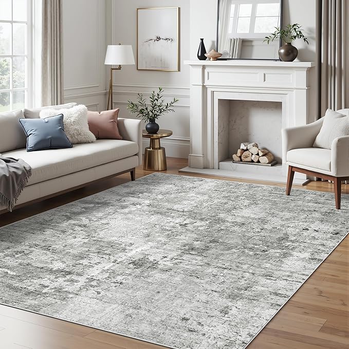 Soalmost Abstract Rug 5x7 Machine Washable Area Indoor Grey White Low Pile Non-Slip Foldable Thin Accent Rugs for Bedroom Living Room Dining Room