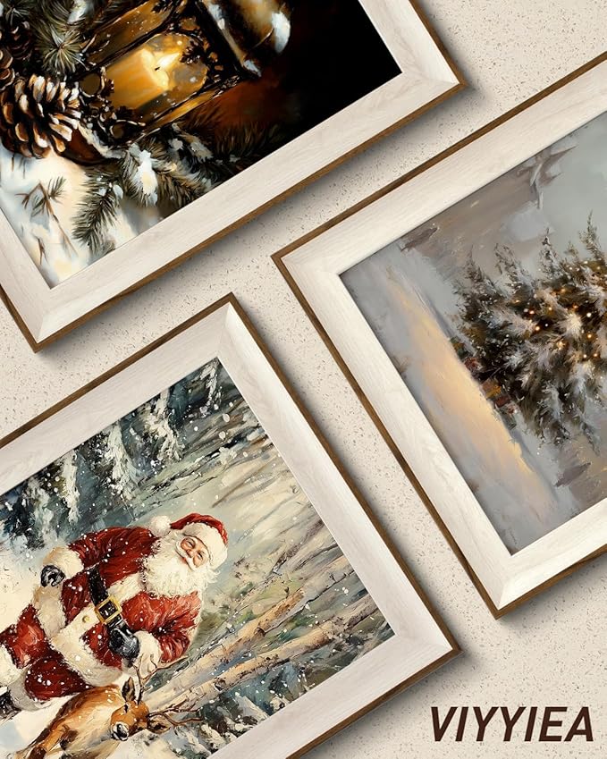 VIYYIEA Winter Framed Wall Art for Living Room, Santa Claus and Reindeer Canvas Prints, Oil Painting Home Decor, Christmas Picture, Bathroom Wall Decor Gifts for Friends or Family - 16L x 12W