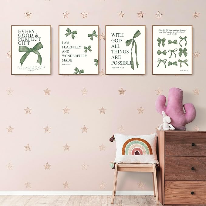 LARTSFRO Coquette Green Bow Wall Art Decor Posters, Olive Green Bow Christian Room Bedroom Bathroom Dorm Wall Art Decor Aesthetic for College Teen Girls Gifts, Inspirational Bible Verses Bow Wall Decor, 10x8 Inch Set of 4 Pcs Bow Pictures (UNFRAMED)