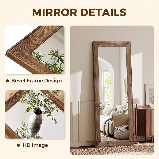 Full Length Mirror 58"x22" - Beveled Edge Rustic Brown Dressing Mirror, Solid Wood Frame, Wall Mounted or Leaning for Bedroom, Entryway, Living Room