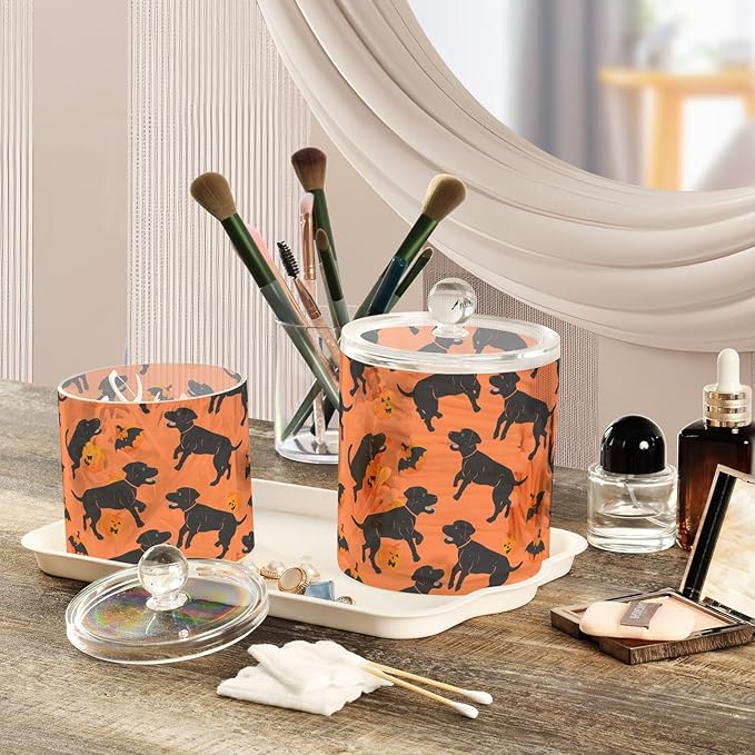 Dancing Labrador Dog Orange Black Pumpkin Clear Plastic Makeup Organizer Storage with lid Pantry Essentials Decorative storage bins for Cotton Swabs,Cotton Pads,Floss Picks,Paper Clips,Hair