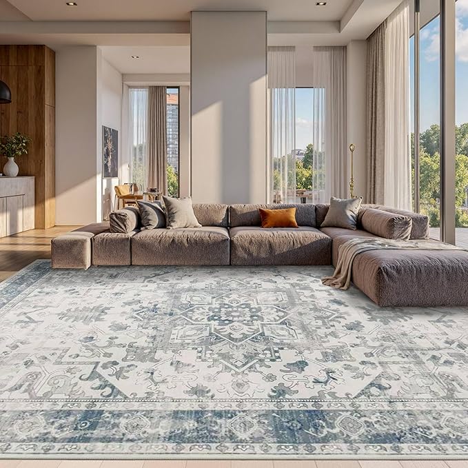 Rugxara 10x14 Extra Large Washable Area Rug, Soft Neutral Vintage Boho Rug for Living Room, Bedroom, Office, Farmhouse, Low Pile Imitation Wool Non Slip Carpet Ideal for High-Traffic Areas, Blue Grey