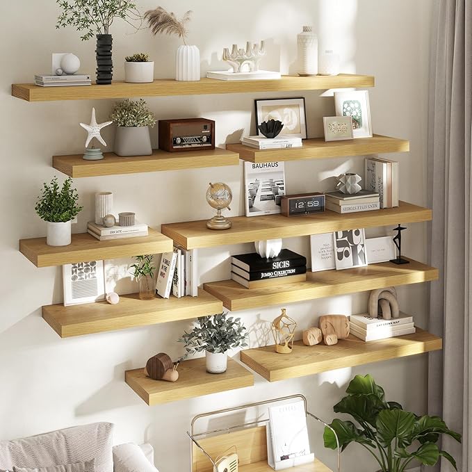 Fun Memories 72 Inch Floating Shelves, 12 Inch Deep Wall Shelf for Fireplace Mantel, Large Display Shelf & Storage Shelf, Wood Floating Wall Shelves for Home & Office, Oak, Set of 1