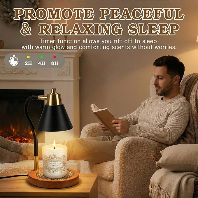 Candle Warmer Lamp with Timer & Dimmer, Adjustable Height Electric Wax Melter for Jar Candles, Dimmable Candle Lamp with Wooden Base & 2 Bulbs, Flameless Home Decor Gifts for Mom Women, Black