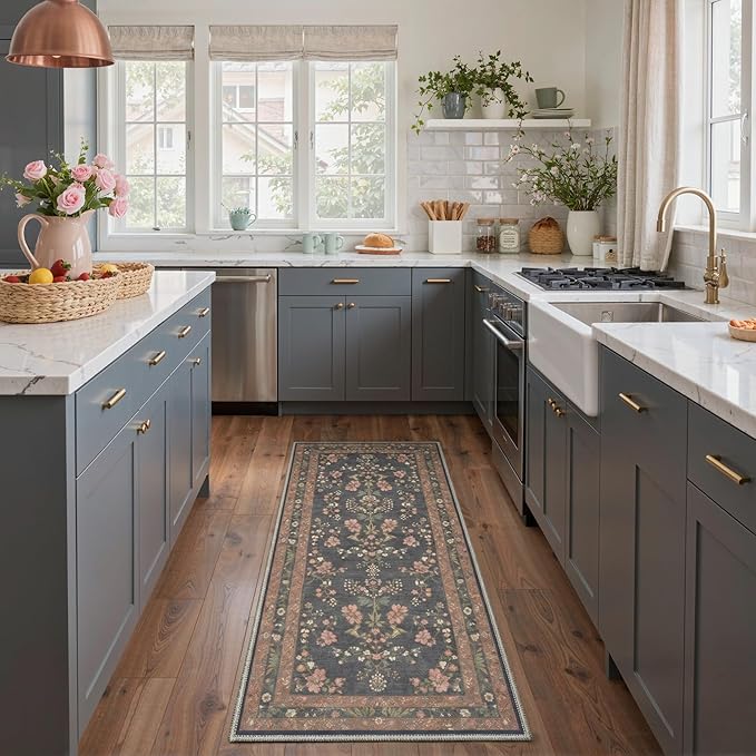 GENIMO 3x5 Area Rugs for Living Room, Machine Washable Non Slip Vintage Rugs, Low Pile Lightweight Chenille Print Rug for Bedroom, Dining Room, Home Office, Dusty Charcoal