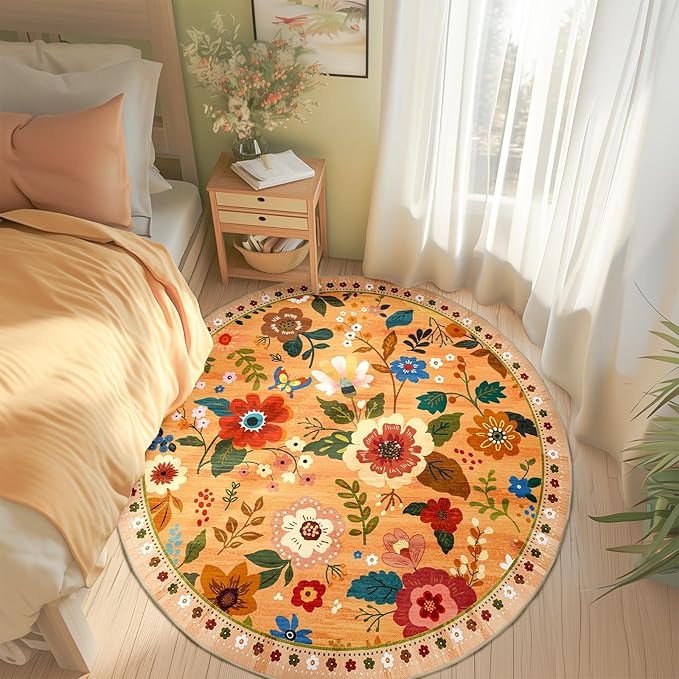 RELEANY Floral Nursery 6ft Area Rugs Washable Print Boho Cute Carpet Non Slip Flower Low Pile for Living Room Kids Girls Playroom Bedroom Kitchen Office Farmhouse-Yellow/Orange