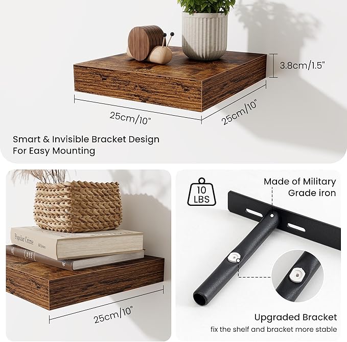Fun Memories Floating Shelves for Wall - 10" x 10" Wood Shelf with Invisible Bracket - Deep Floating Shelves - 10 Inch Shelf Wall-Mounted for Living Room & Bathroom - Rustic Brown - Set of 2