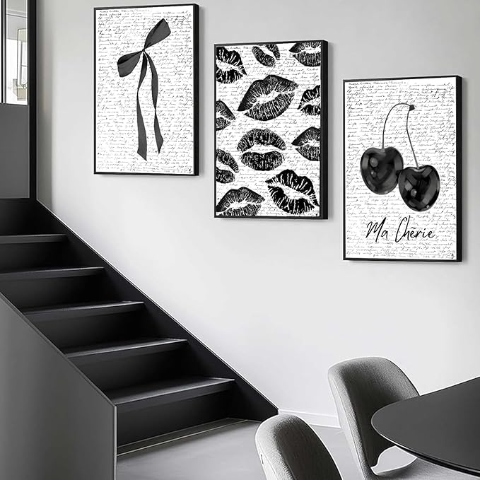 3Pcs Black Framed Fashion Lips And Cherry Canvas Wall Art Vintage Girl Funky Aesthetic Bow Wall Decor Ma Cherie Dark Coquette Posters Prints for Neutral Preppy Apartment Girl 12x16inBlack Framed