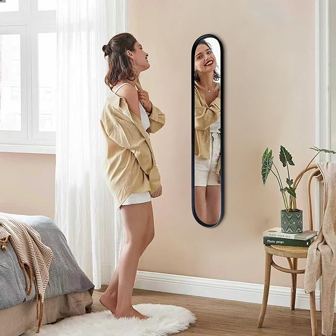 OUSHUAI Black Full Length Oval Mirror, 1-Pack Narrow Capsule Long Mirrors with Metal Frame for Entryway,Hallway,Living Room