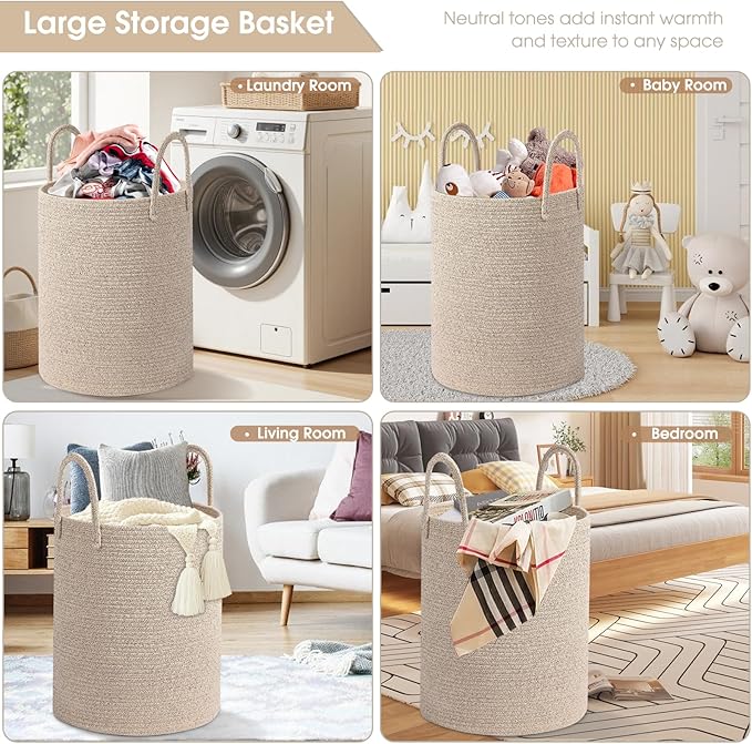 Large Woven Laundry Basket Hamper,Cotton Rope Storage Basket with Handles, 60L Capacity, 15x20 Inch, Beige, Woven Rope Basket Organizer for Laundry, Toys, Blankets