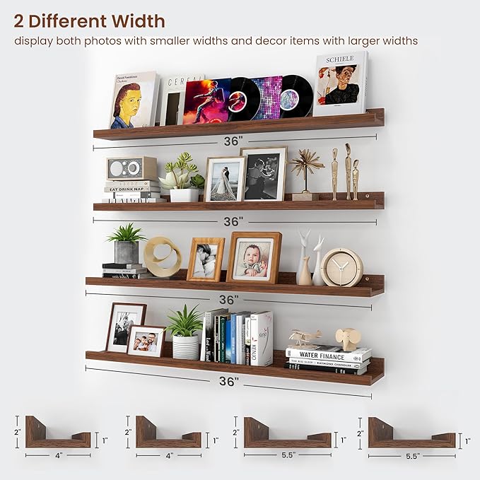 Axeman Picture Ledge Shelf | 36 Inch Walnut Floating Shelves Set of 4 | Rustic Wood Wall Shelves with Lip | 36" Walnut Picture Shelves for Wall with Ledge | Photo Shelves