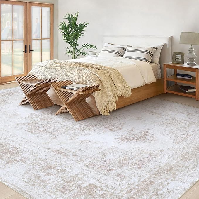 XLUEZ Area Rug 8x10 Living Room Rug, Machine Washable Vintage Distressed Medallion Rug Non-Slip Soft Low Pile Large Indoor Rugs for Bedroom Dining Room Office Children's Room (Beige,8'x10')