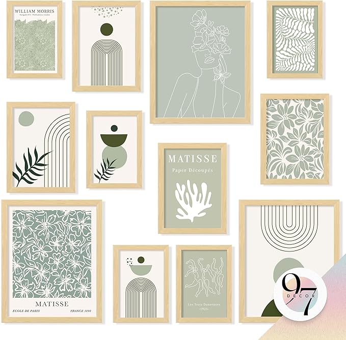 97 Decor Sage Green Wall Art Prints - Sage Green Posters For Room Aesthetic Picture, Abstract Boho Paintings Wall Decor, Cozy Matisse Prints Gallery Wall Art For Bedroom Dorm Decorations (unframed)