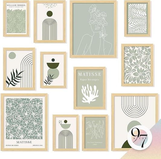97 Decor Sage Green Wall Art Prints - Sage Green Posters For Room Aesthetic Picture, Abstract Boho Paintings Wall Decor, Cozy Matisse Prints Gallery Wall Art For Bedroom Dorm Decorations (unframed)
