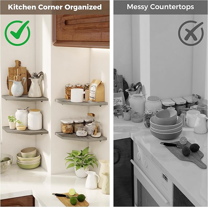 Corner Shelves 2-Pack for Bathroom & Kitchen, Space-Saving Floating Corner Wall Shelf with Easy Installation- Grey