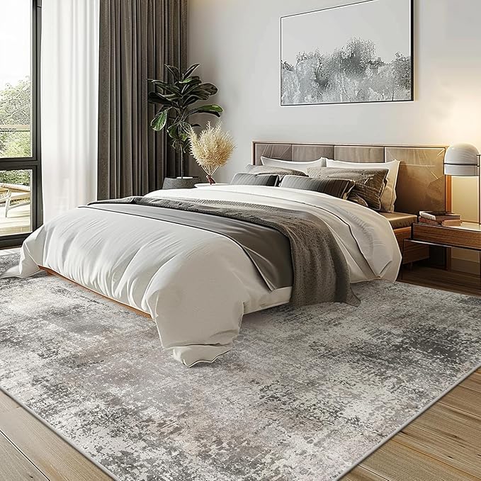 GENIMO 8x10 Area Rugs for Living Room, Machine Washable Non Slip Rugs, Low Pile Lightweight Modern Distressed Print Rug for Bedroom, Dining Room, Home Office, Abstract Grey