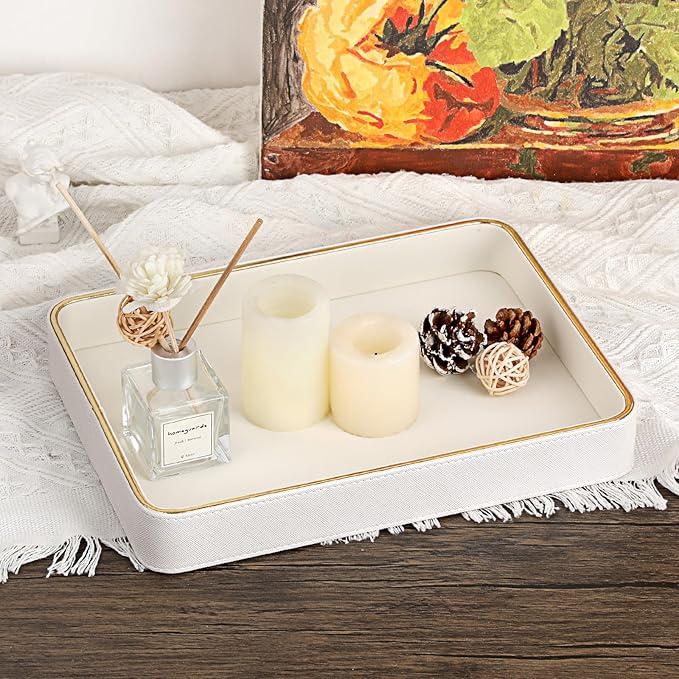 Hipiwe PU Leather Jewelry Tray Bedside Organizer Holder Perfume Vanity Tray for Jewelry Earrings Trinket Dish Skincare Organizing Tray, 11.3" x 8.3" x 1.5"