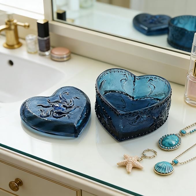 Glass Jewelry Box Heart Shape Cute Box for Storage Ring Earring Trinket Vintage Jewelry Organizer Decorative Gift for Women Girls-GRB021-Navy