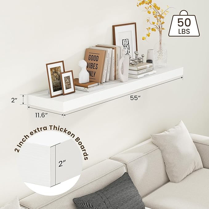 FLYJOE 12 Inch Deep Floating Shelves | 55 Inch White Floating Shelves | 55" W x 12" D Rustic Wood Shelves for Wall | Deep White Shelves for Living Room Bathroom Laundry Room Kitchen