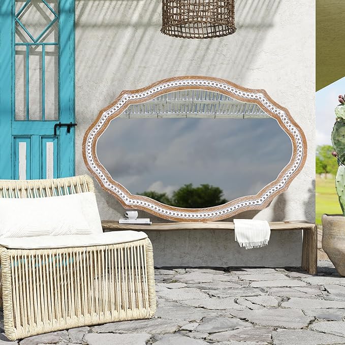 24x35 Inch Wooden Oval Mirror for Wall, Farmhouse Rustic Mirror Decorative for Bathroom Over Sink, Entryway, Living Room, Bedroom (Vertical/Horizontal)