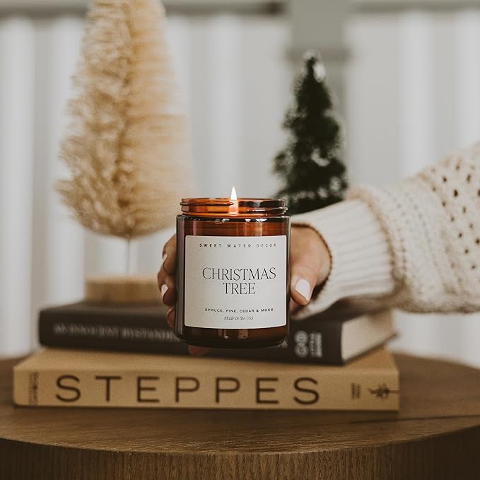 Sweet Water Decor Christmas Tree Candle - Pine Needles, Cedarwood, Cypress, and Evergreen Soy Holiday Scented Candles for Home - 9oz Amber Jar Candle, 40+ Hour Burn Time, Made in The USA