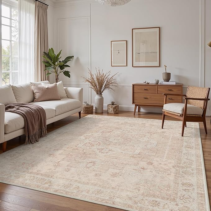GENIMO 9x12 Area Rugs for Living Room, Machine Washable Rug, Non Slip Indoor Vintage Rug, Low Pile Lightweight Chenille Print Carpet for Bedroom Dining Room Home Office, Light Pink