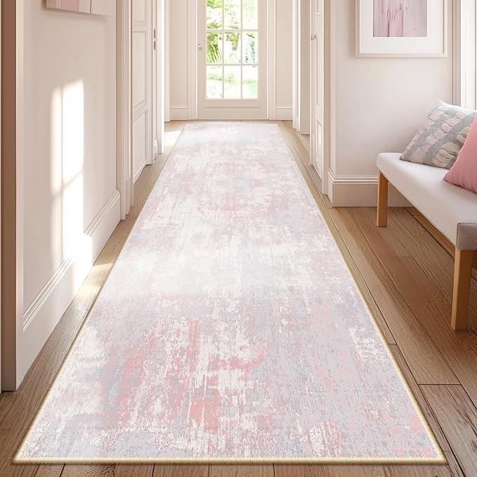 RELEANY Washable Area Rugs 2'x8' Non-Slip Modern Abstract Soft for Living Room Entryway Bedroom Nursery, Print Pattern, Grey Pink