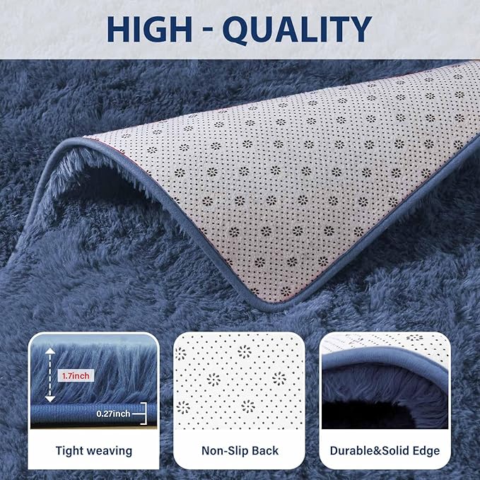 FinRèc Dark Blue Rug for Bedroom Living Room, 4x6 Feet High Pile Plush Area Rug, Non-Slip Soft Fluffy Carpet for Nursery Kids Room Dorm Room Home Decor, Indoor Fuzzy Floor Rugs