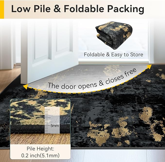 RELEANY Washable Area Rugs 6'x8' Non-Slip Modern Abstract Soft for Living Room Entryway Bedroom Nursery, Print Pattern, Dark Black Gold