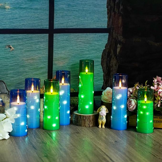 kakoya Flameless LED Candles with Timer 9 Pc Flickering Flameless Candles for Romantic Ambiance and Home Decoration Stable Acrylic Shell,with Embedded Star String，Battery Operated Candles（Blue）