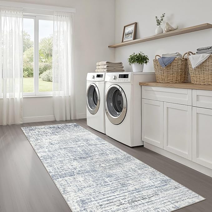 Runner Rug Non-Slip Kitchen Rug: 2x6 Washable Abstract Modern Soft Stain Resistant Indoor Floor Neutral Accent Throw Carpet for Hallway Bathroom Laundry Room Bedroom Entryway- Blue