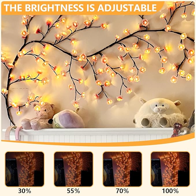 FNHMSL Cherry Enchanted Willow Vine Lights, 6FT 96LED Pink Cherry Blossom Tree Branch Lights for Wall, Remote Timer,8 Light Model,Bedroom Wall Doors Wedding, Christmas, USB Battery Box