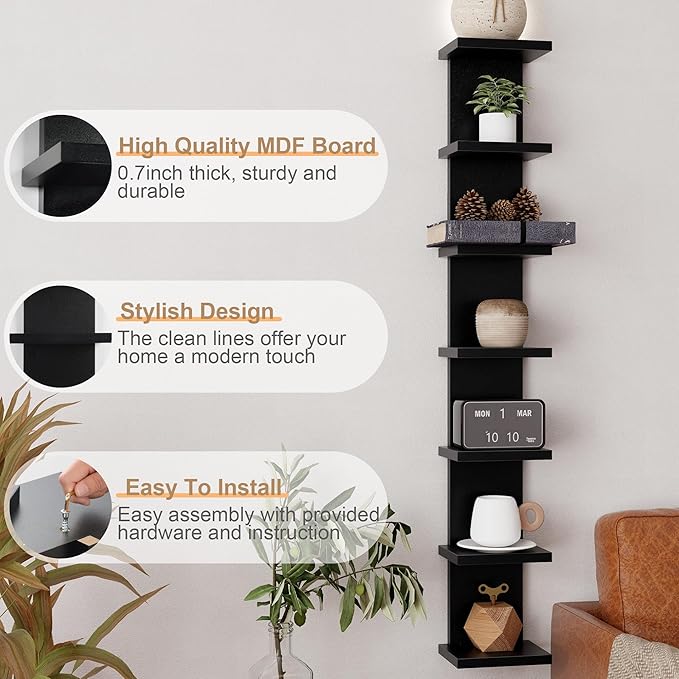 Fun Memories 7 Tier Wall Shelf Unit, Black Floating Shelves for Storage - Vertical Column Tower Design, Lack Wall Shelf Space Saving Organizer for Bedroom, Living Room, Home Decor