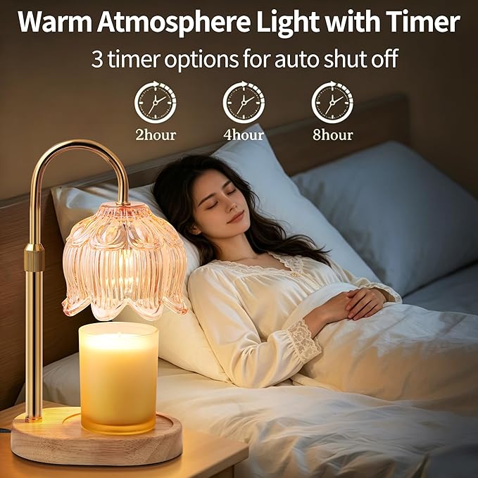 Flower Candle Warmer Lamp for Jar Candles with Timer & Dimmer, Adjustable Height Fits Large Jars up to 7.08" Tall, Flameless Wax Warmer, Cozy Bedroom Home Decor, Gift for Mom Women