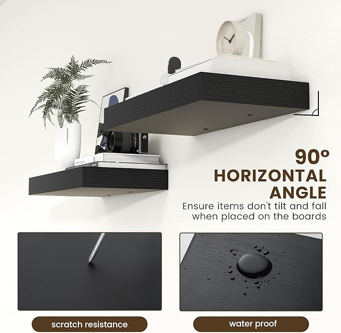 FLYJOE Deep Floating Shelves | 24 Inch Black Floating Shelves Set of 2 | 12 Inch Deep Rustic Wood Shelves for Wall | 24" W x 12" D Black Shelves for Living Room Bathroom Laundry Room Kitchen