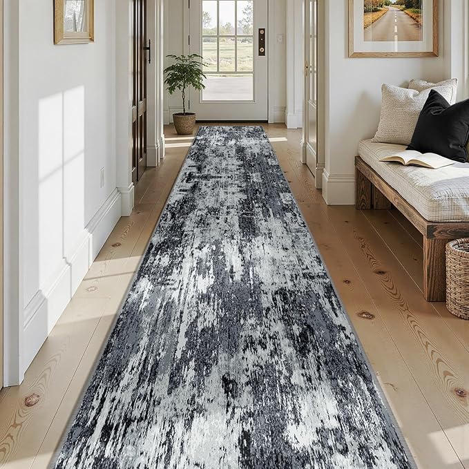 RELEANY Washable Area Rugs 2'6"x14 Non-Slip Modern Abstract Soft for Living Room Entryway Bedroom Nursery, Print Pattern, Black Navy Blue Gray
