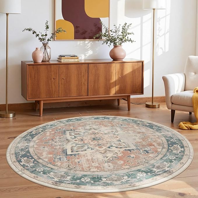 Rugxara 4ft Circle Rug, Soft Round Boho Rug, Washable Non Slip Area Rug for Living Room, Bedroom, Dining Room, Entryway, Round Rugs for Home, Patio, Office, Kids Room, Coral(Blue&Orange)