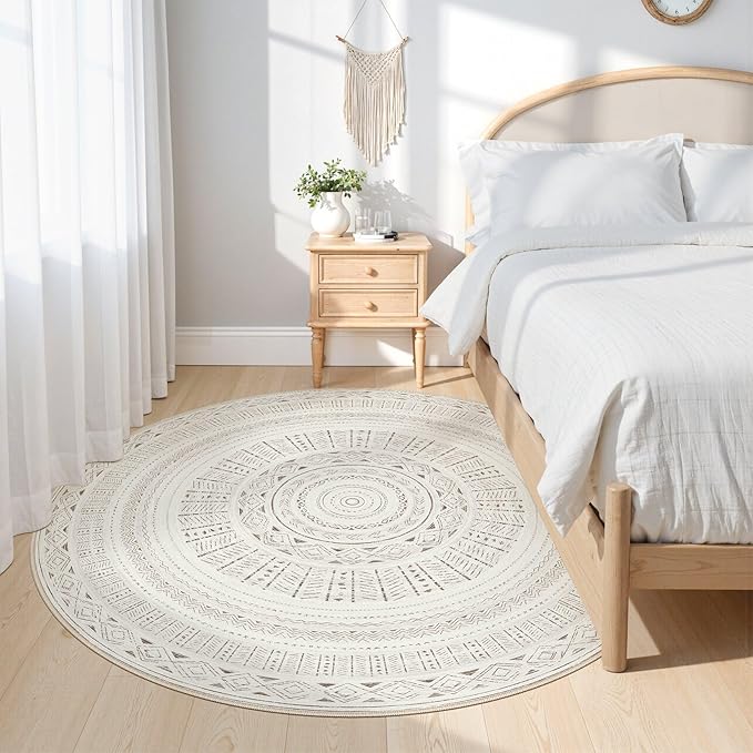 cotiled 6x6 Round Area Rug Living Room: Washable Boho Rugs with Non Slip Backing Large Soft Indoor Stain Resistant Carpet for Bedroom Farmhouse Dining Room Lightweight Home Decor L Brown/Cream