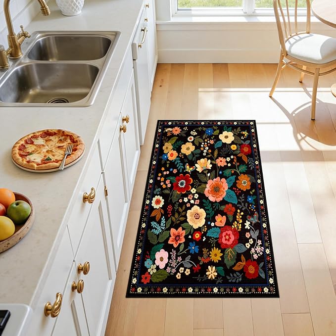 RELEANY Floral Nursery 2x4 Area Rugs Washable Print Boho Cute Carpet Non Slip Flower Low Pile for Living Room Kids Girls Playroom Bedroom Kitchen Office Farmhouse-Black