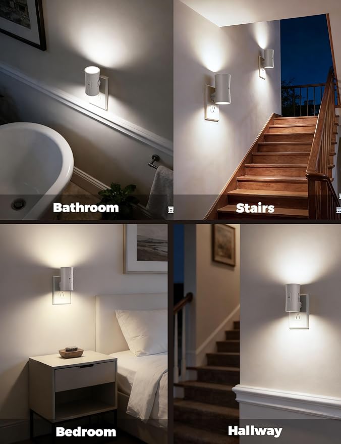 fesnne Night Light, LED Night Lights Plug into Wall, [2 Pack] White 0-100LM Adjustable Brightness Light Sensor Plug in Night Light for Hallway, Bathroom,Adult