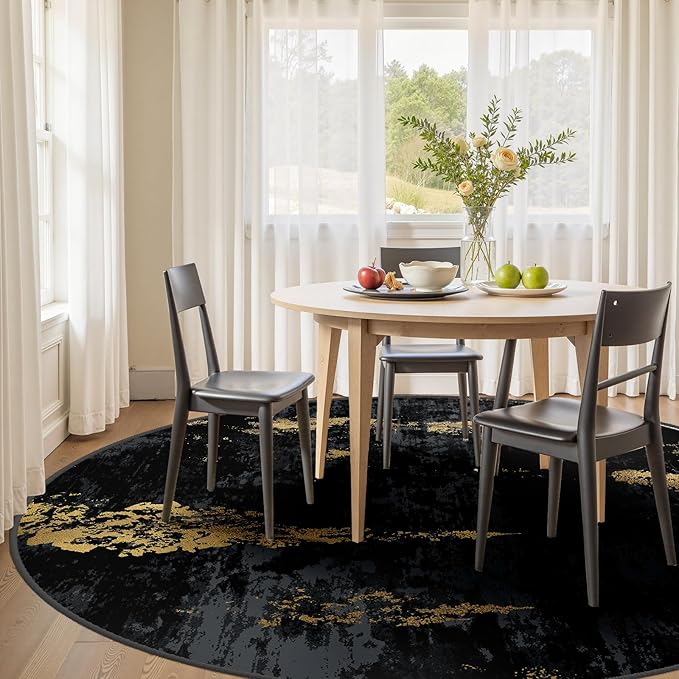 RELEANY Washable Area Rugs 8ft Non-Slip Modern Abstract Soft for Living Room Entryway Bedroom Nursery, Print Pattern, Dark Black Gold