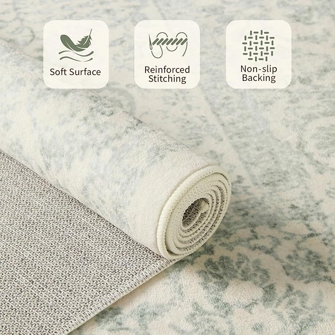 Rugxara 5X7 Washable Area Rug for Living Room, Vintage Large Boho Rugs for Office, Dining Room, Kids Room, Farmhouse, Durable Low Pile Non Slip Carpet for High Traffic Areas, Light Green