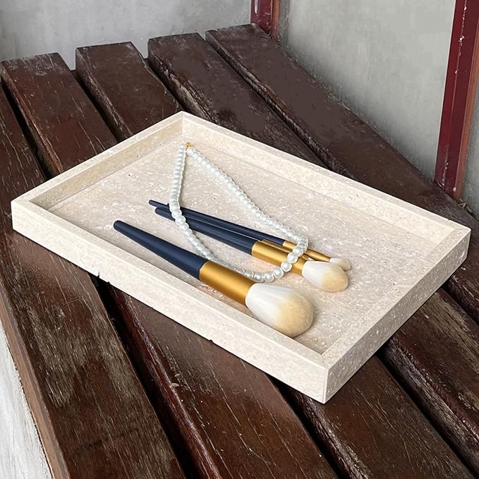 Natural Marble Vanity Tray, Cosmetics Towels Tray, Decorative Tray, Catchall Tray for Dresser Bathroom Kitchen (Beige Travertine, 11.8L x 7.87W x 1.18H)