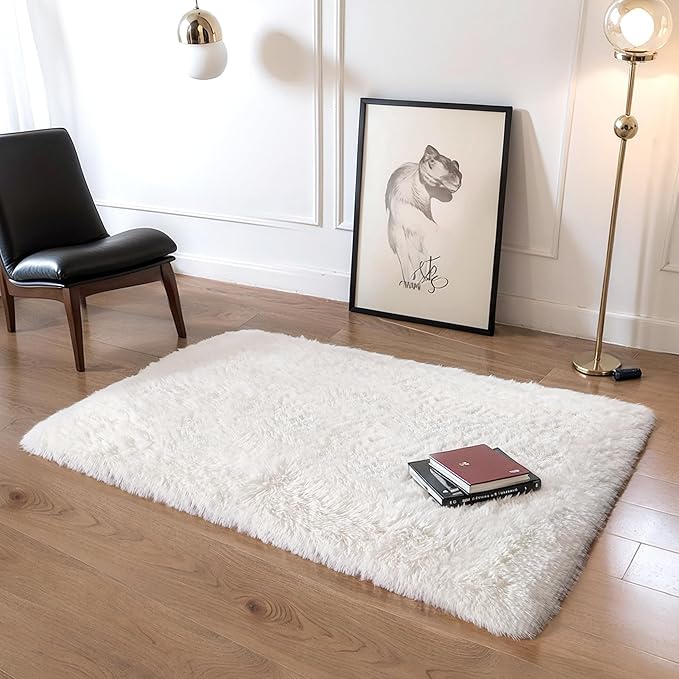 KICHOWUA Thick Area Rug 5x7 Cream White Fluffy Shag for Girl Bedroom,Ultra Soft Plush Fuzzy Washable Thickened Non-Slip Floor Carpet,Modern Furry Shaggy Rug for Living Room Nursery Kids Boy Dorm,Ivory